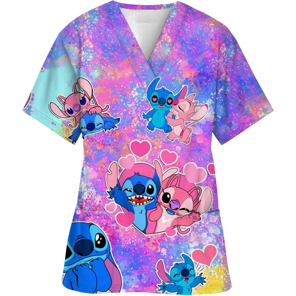 2024 Disney Uniform Women's Cartoon Stitch Print Nurse Work Shirt Pocket Gown Christmas Healthcare Nurse Scrubs Y2K Top