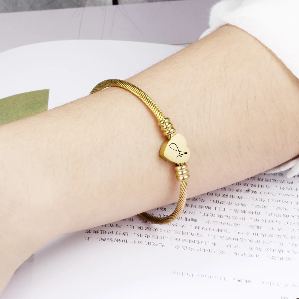 Gold Color Heart Charm Cable Initial Bracelet for Women Girls 26 Letters A to Z Alphabet Bracelets bangles