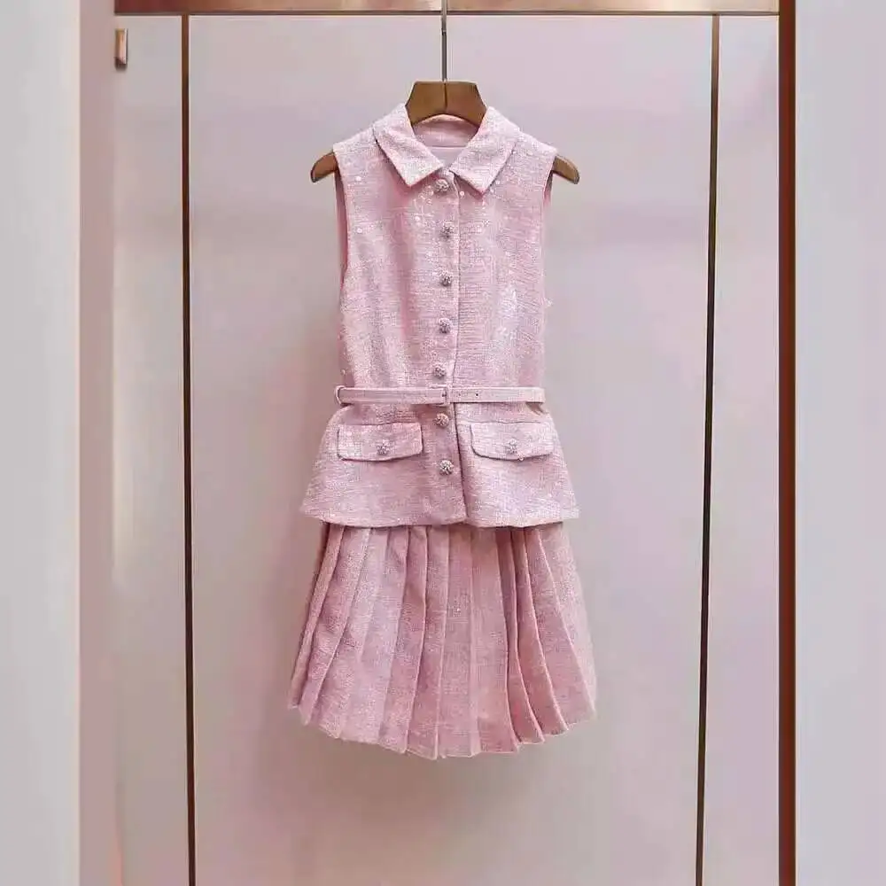 Luxury Pink Short Sequins Dress Tweed Two Piece Set Women\'s Jacket Pleated Short Skirts Suits Single Breasted Top Party Vestidos