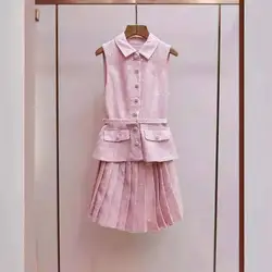 Luxury Pink Short Sequins Dress Tweed Two Piece Set Women's Jacket Pleated Short Skirts Suits Single Breasted Top Party Vestidos