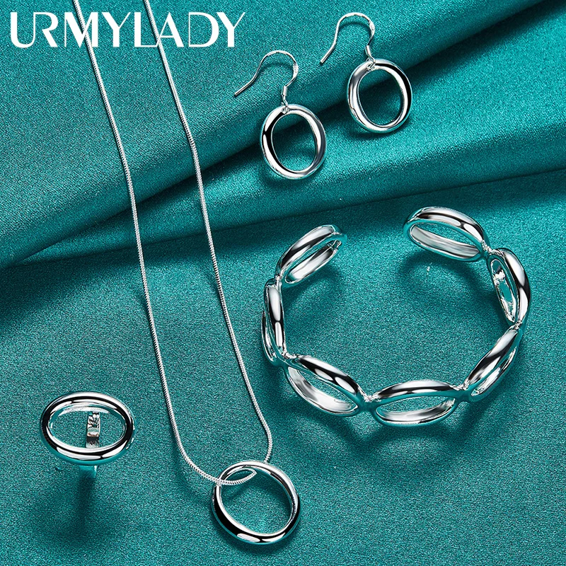 

URMYLADY 925 Sterling Silver Round Necklace Ring Earrings Bangle Sets For Women Wedding Party Fashion Charm Jewelry Gift