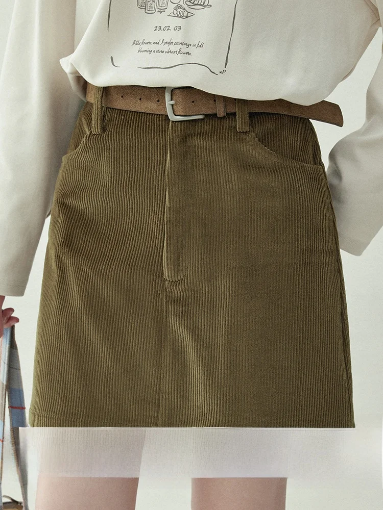

High Waist A-Line Skirt with kets Autumn Winter New Sle Corduroy Women's Casual Faion Pure Color Skirts