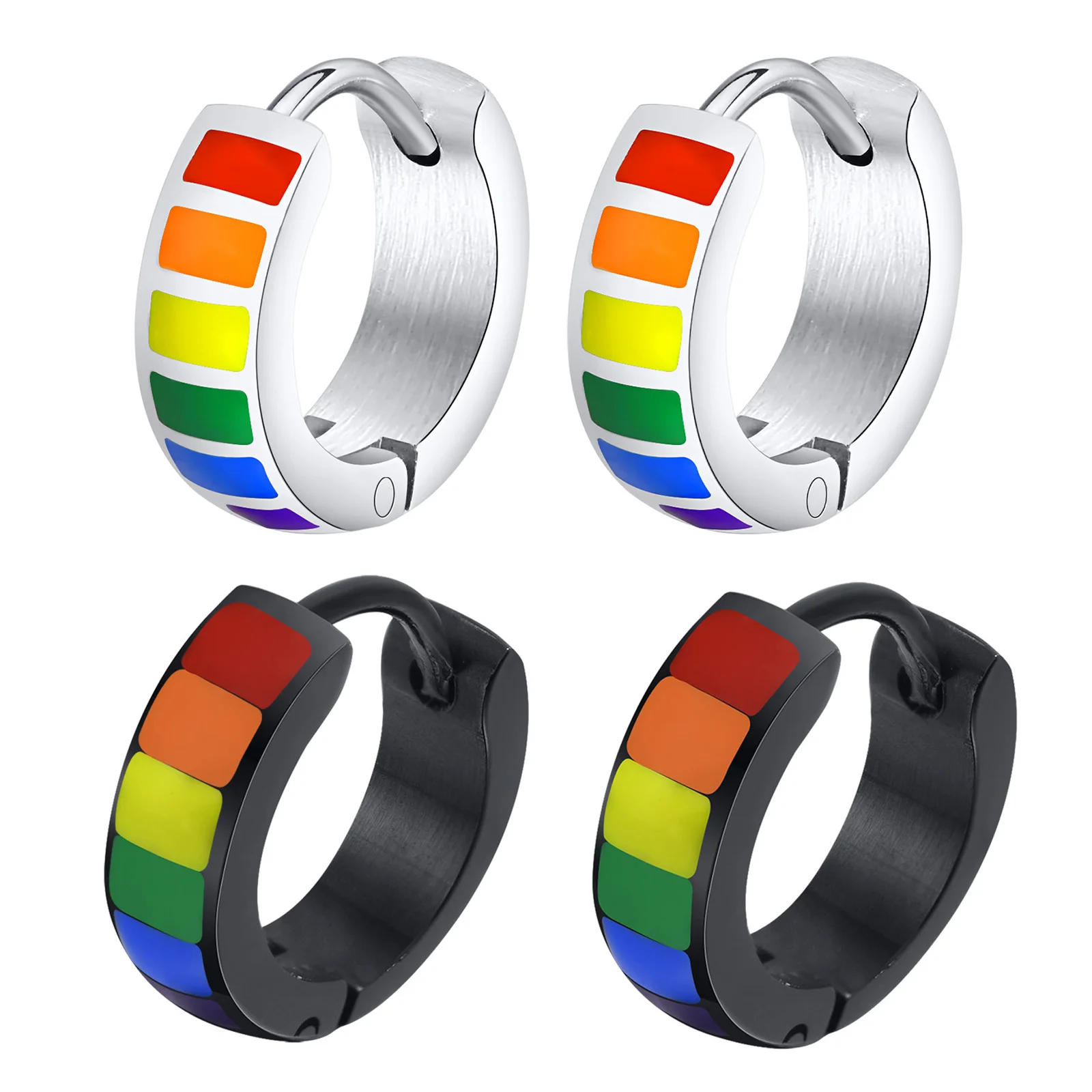 Men\'s New Fashion Rainbow Color Hoop Huggie Earrings,Waterproof Stainless Steel Metal Male Boy Ear Clips Gifts Accessory