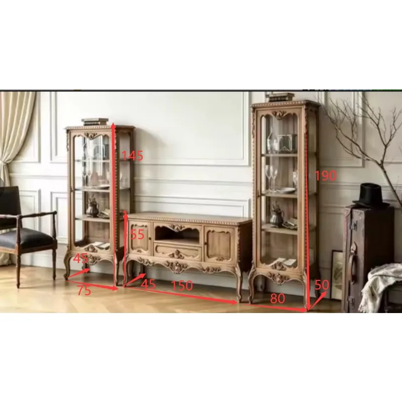 YJ French Retro Solid Wood Wine Cabinet Living Room Display Cabinet Glass Door Engraved Decoration
