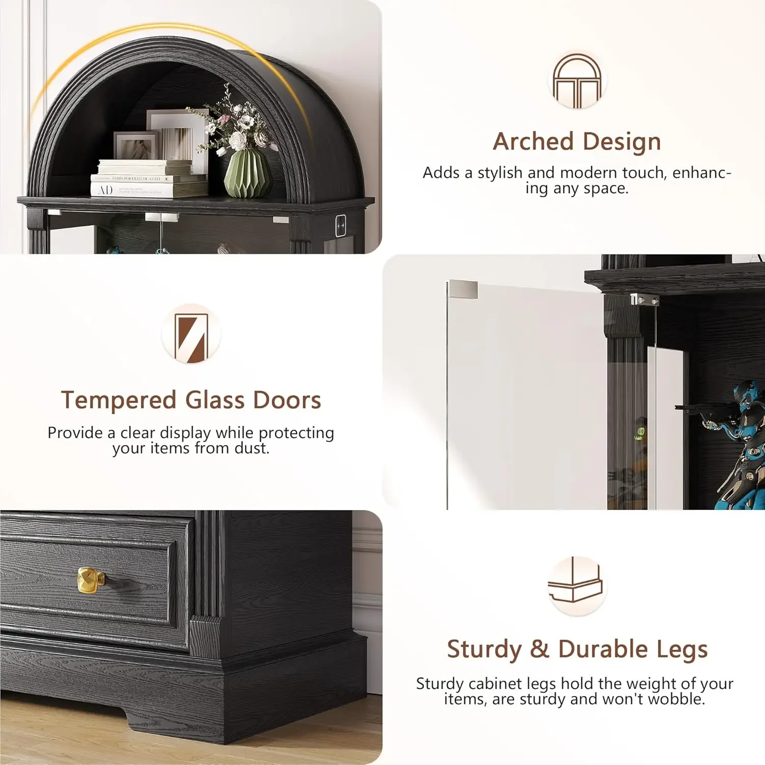 [Discounted Price!]Black Curio Cabinet with Glass Doors, 72" Tall Arched Display Cabinet with Human Sensor Lights 4-Tier Display