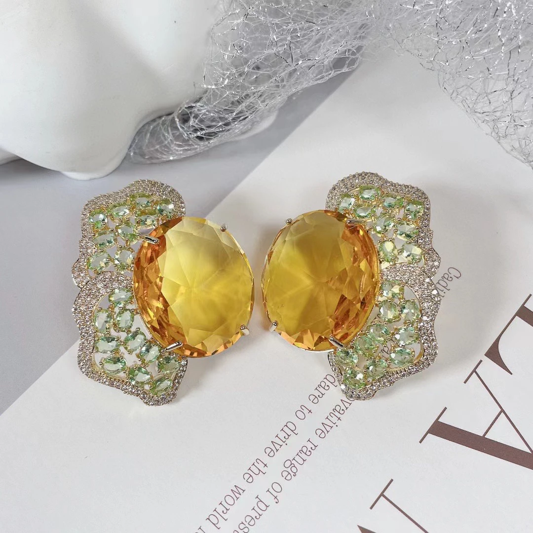 SENYU New Butterfly Flower Drop Earrings High Quality Handpaved Big Zirconia Women Jewelry Yellow Stone Earring