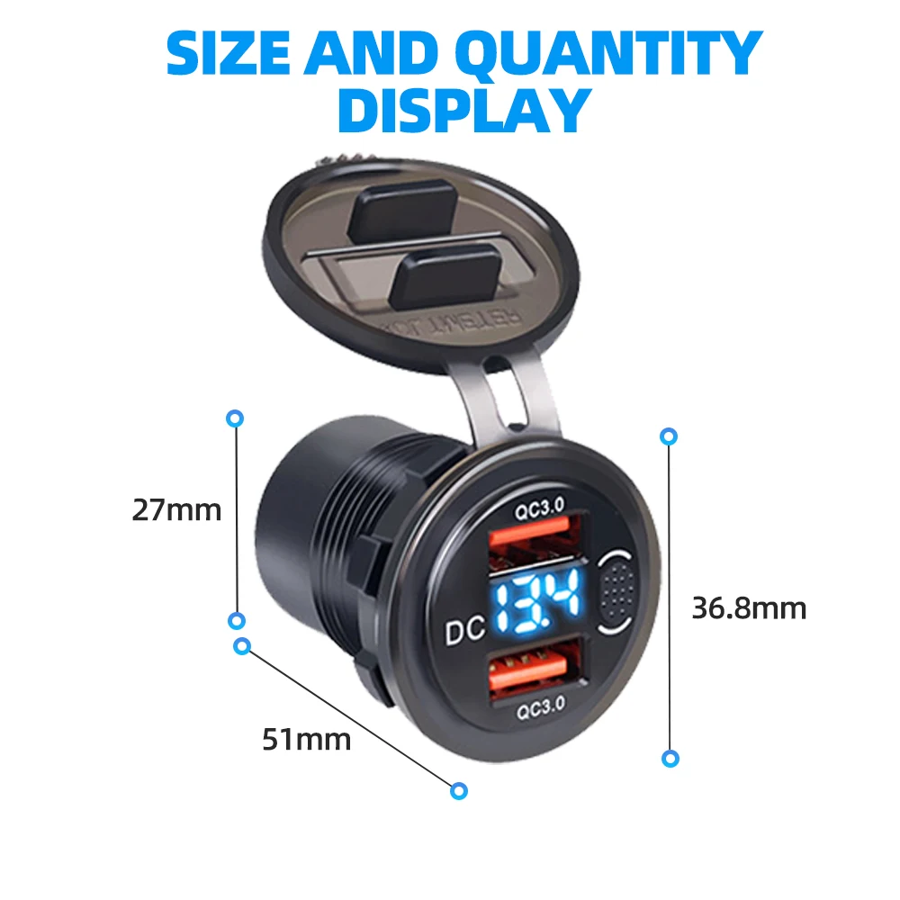12/24V Car Charger 36W QC3.0 Dual USB Car Motor Charger Socket Waterproof With Voltmeter Switch Fast Quick Charge Adapter