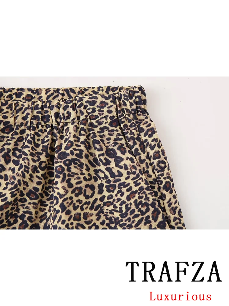 TRAFZA Vintage Causal Chic Women Suit Print Leopard Hidden Breasted Short Sleeve Blouse Loose Shorts Fashion 2024 Summer Set