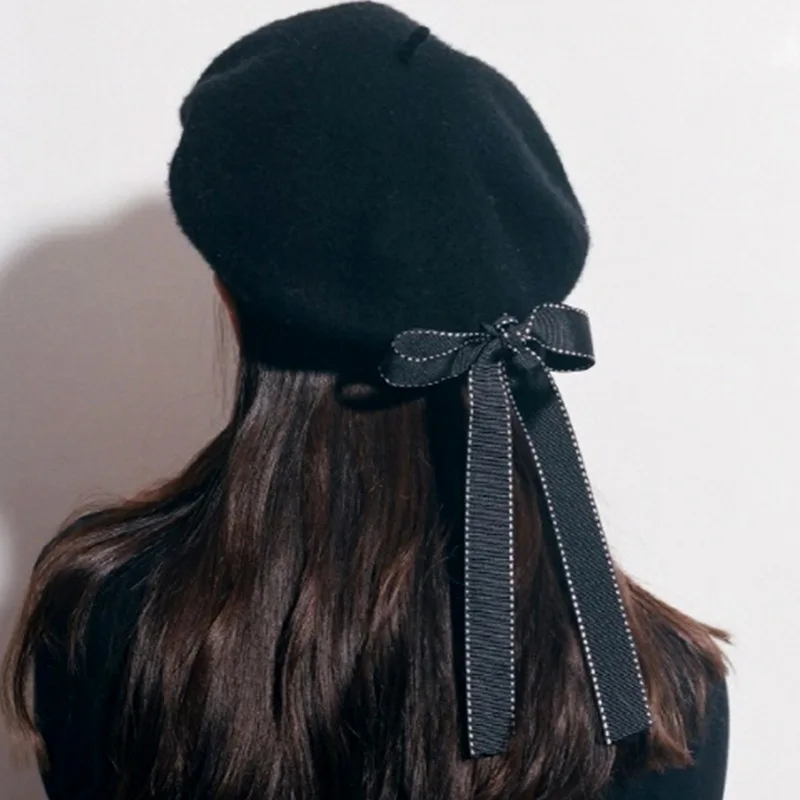 2024 New Fashion Women Soft Bow Elegant Berets Winter Warm Hat Harajuku Wool Beret Hat with Bowknot Girls Hat