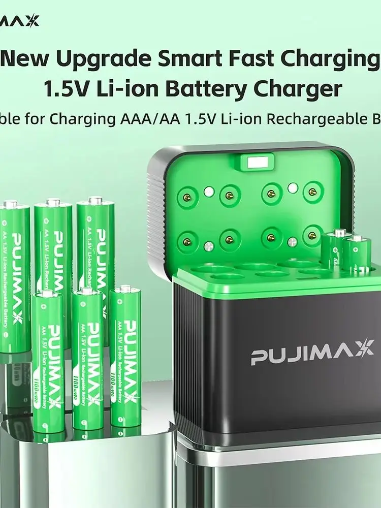 PUJIMAX – chargeur Intelligent de batterie à 8 emplacements, pour Batteries au Lithium rechargeables 1.5V AAA/AA 1100mWh 4255mWh, chargeur rapide Intelligent