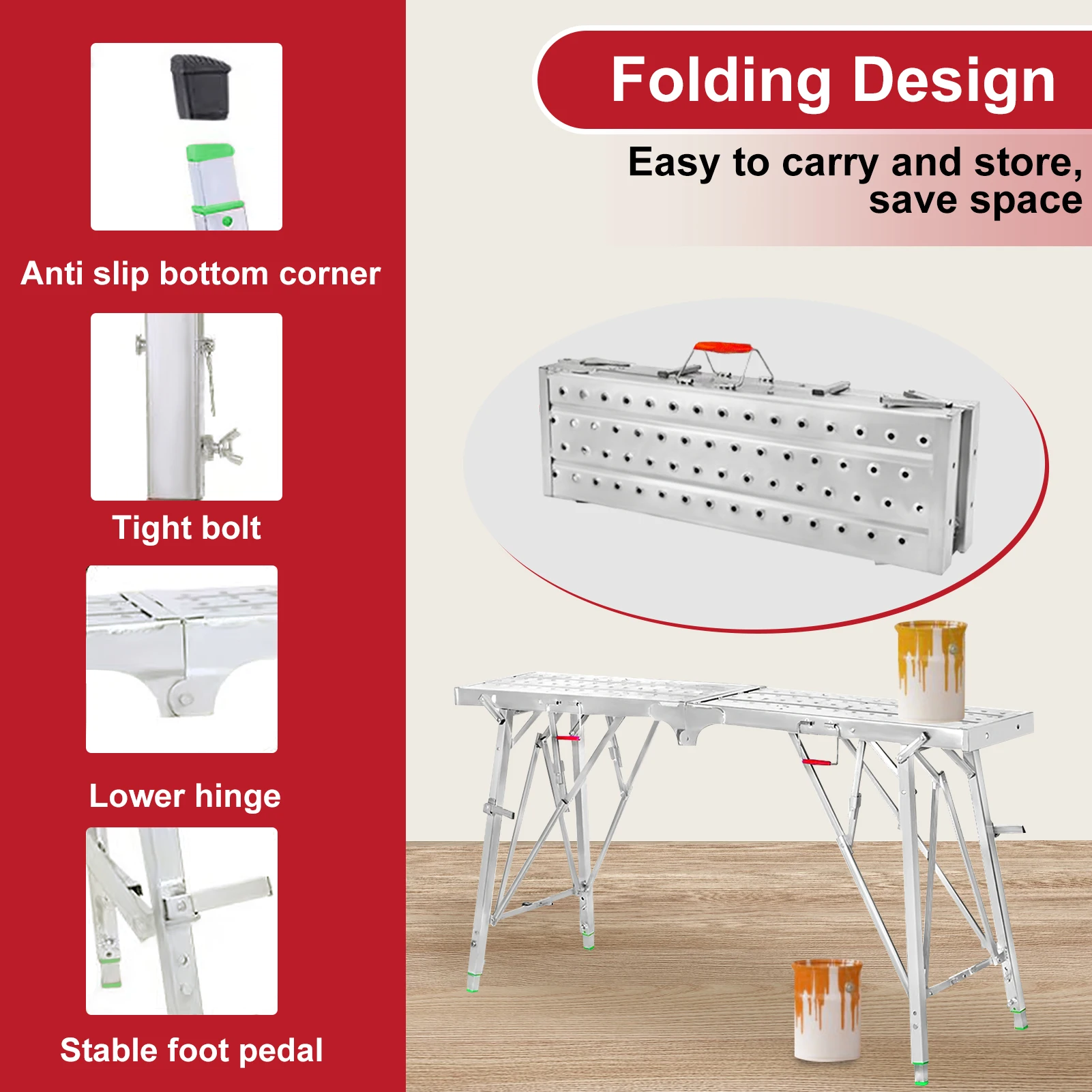 Portable Scaffolding, Height Adjustable Steel Workbench, 330 Load Capacity, Portable Drywall Painting Stool