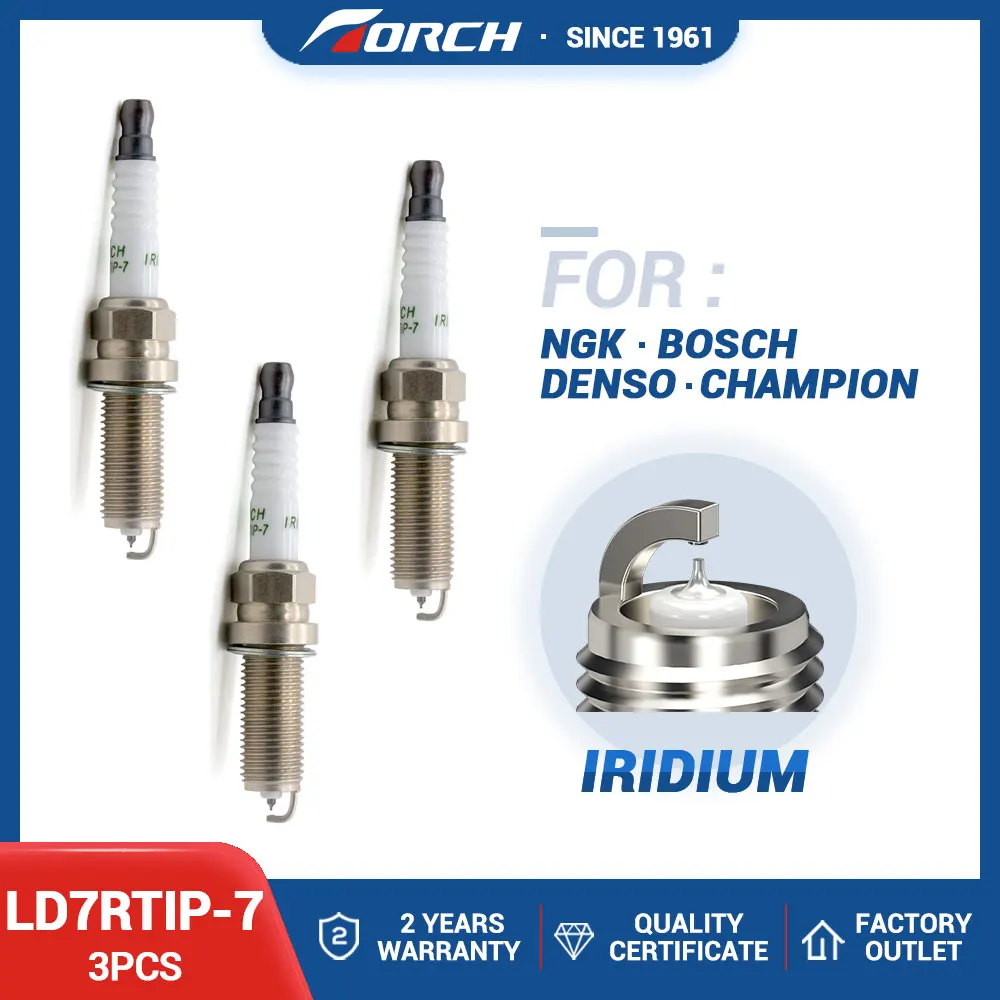 3PCS Iridium Spark Plug Torch LD7RTIP-7 Replace for ILKAR7J7G 91121 ILKAR7F7G 90061 ILKAR7A7 91432 RENAULT 224012047R 224019133R