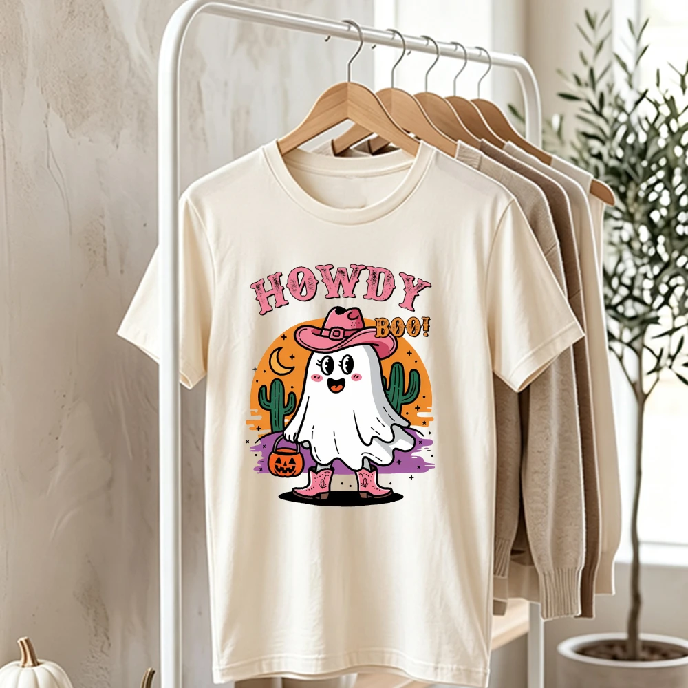 Howdy Boo Western Ghost T Shirt Unisex Pink Cowboy Hat Halloween Graphic Printed Tee Women Men Fall Autumn Pumpkin T-Shirt