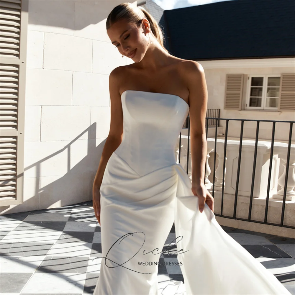 QICHE Modern Strapless Mermaid Wedding Dress Women 2026 Pleat Sleeveless Lace-up Open Back Sweep Train Bridal Gown Customized