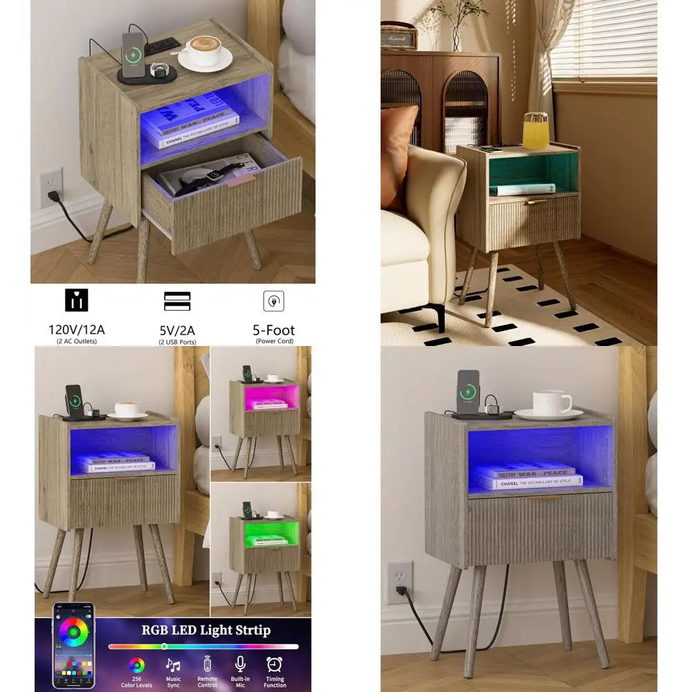 

Modern LED-lit Charging Nightstand, Storage Drawer & Shelf, Solid Wood Legs, Ideal for Living Rooms and Bedrooms