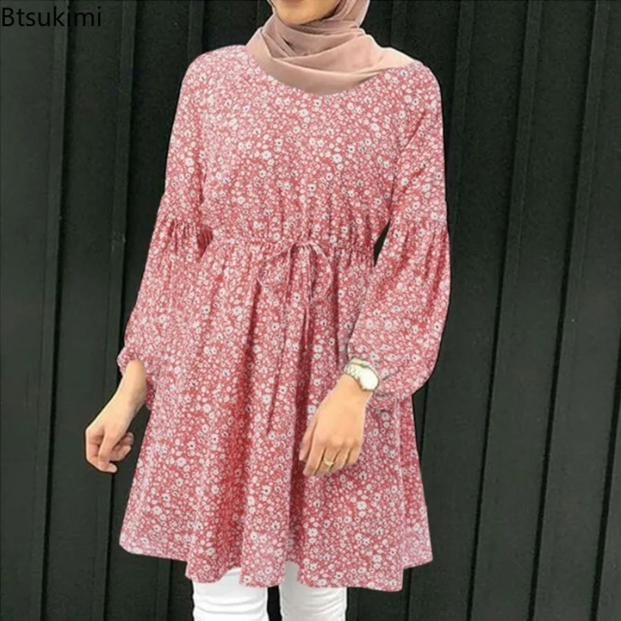 2024 Muslim Fashion Long-sleeved Casual Blouse Women\'s O-neck Floral Print Elegant Lace-up Tops Women Islamic Clothes Mini Dress