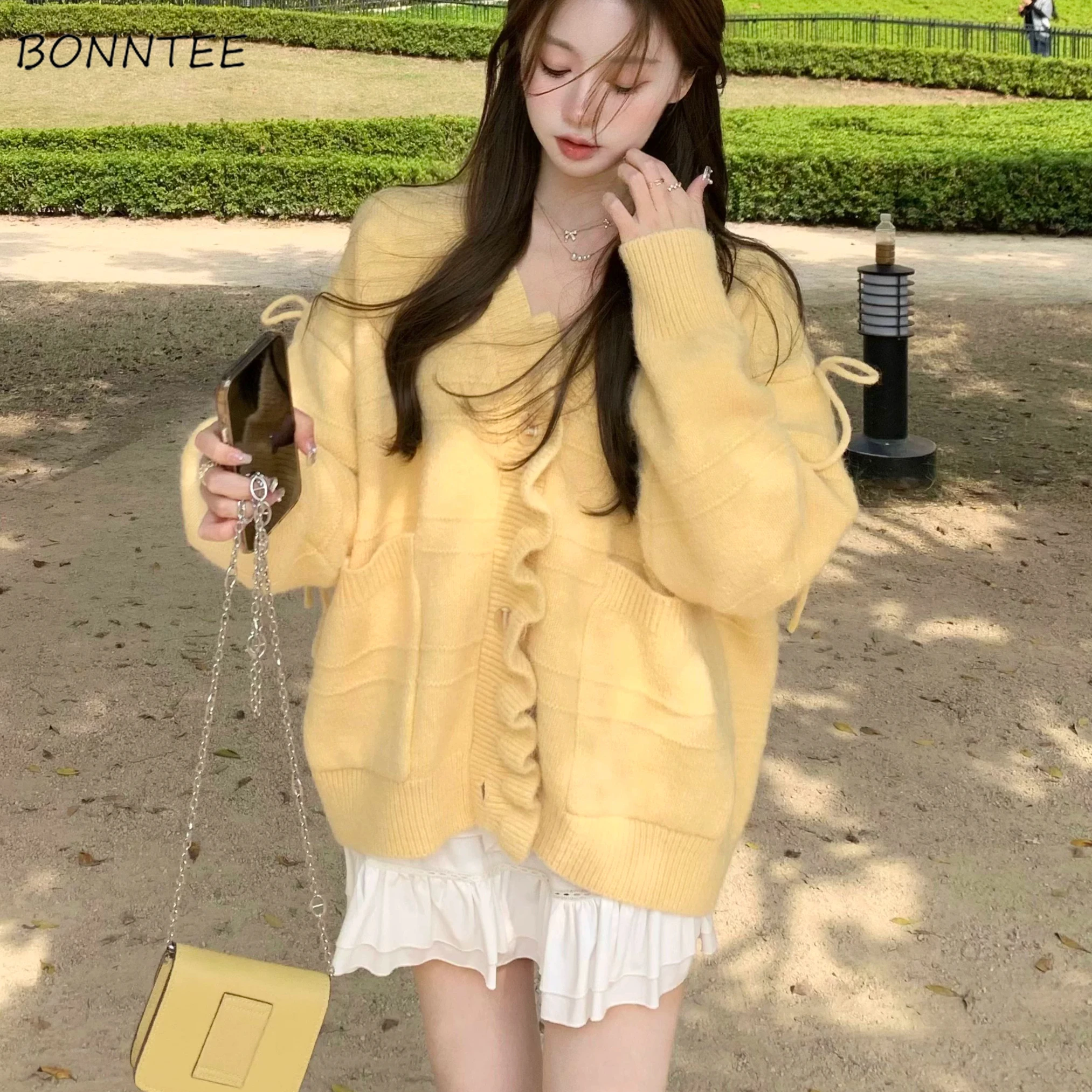 Knitted Loose Cardigans Women Pockets Sweet Solid Coats Ulzzang Корейская Мода Свитер Женский Gentle Warm Winter Streetwear New