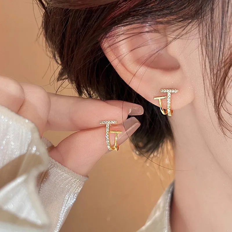 Double T Shaped Crystal Golden Earrings Ear Clip Sparkling All Zircon Minimalist Geometric Ear Studs For Women Boutique Jewelry
