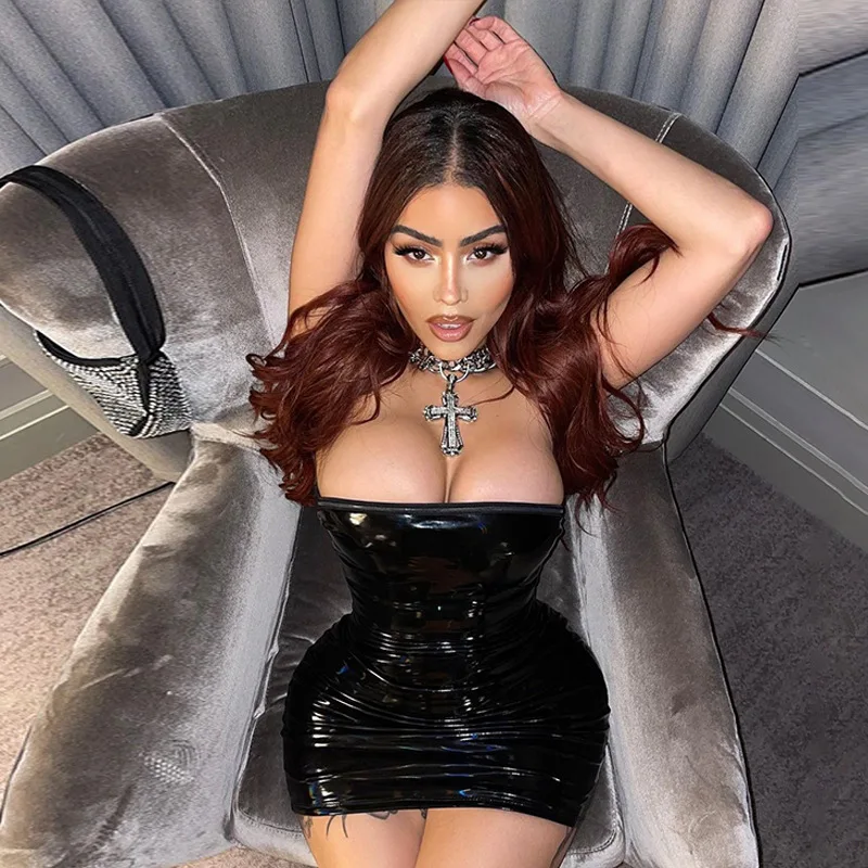 

Black Leather Sexy Party Dress Women Off Shoulder Backless Bodycon Mini Spring Summer Dresses Casual Y2K Clubwear