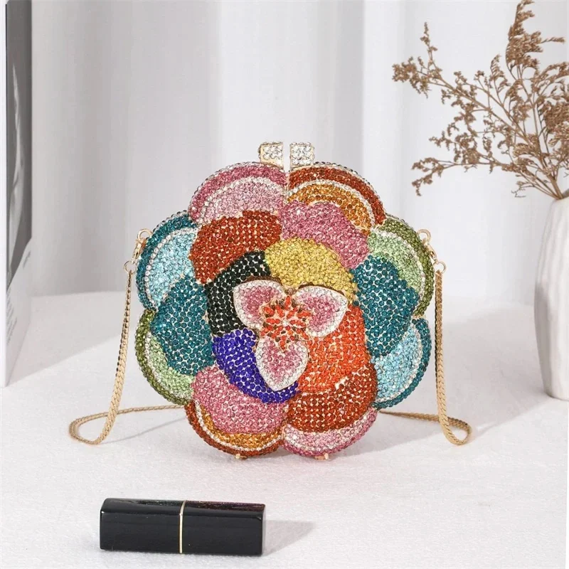 Flower Tote Bag Pink Full Rhinestone Evening Clutch Crystal Purse Detachable Gold Chain For Women Wedding Prom Party Gift New