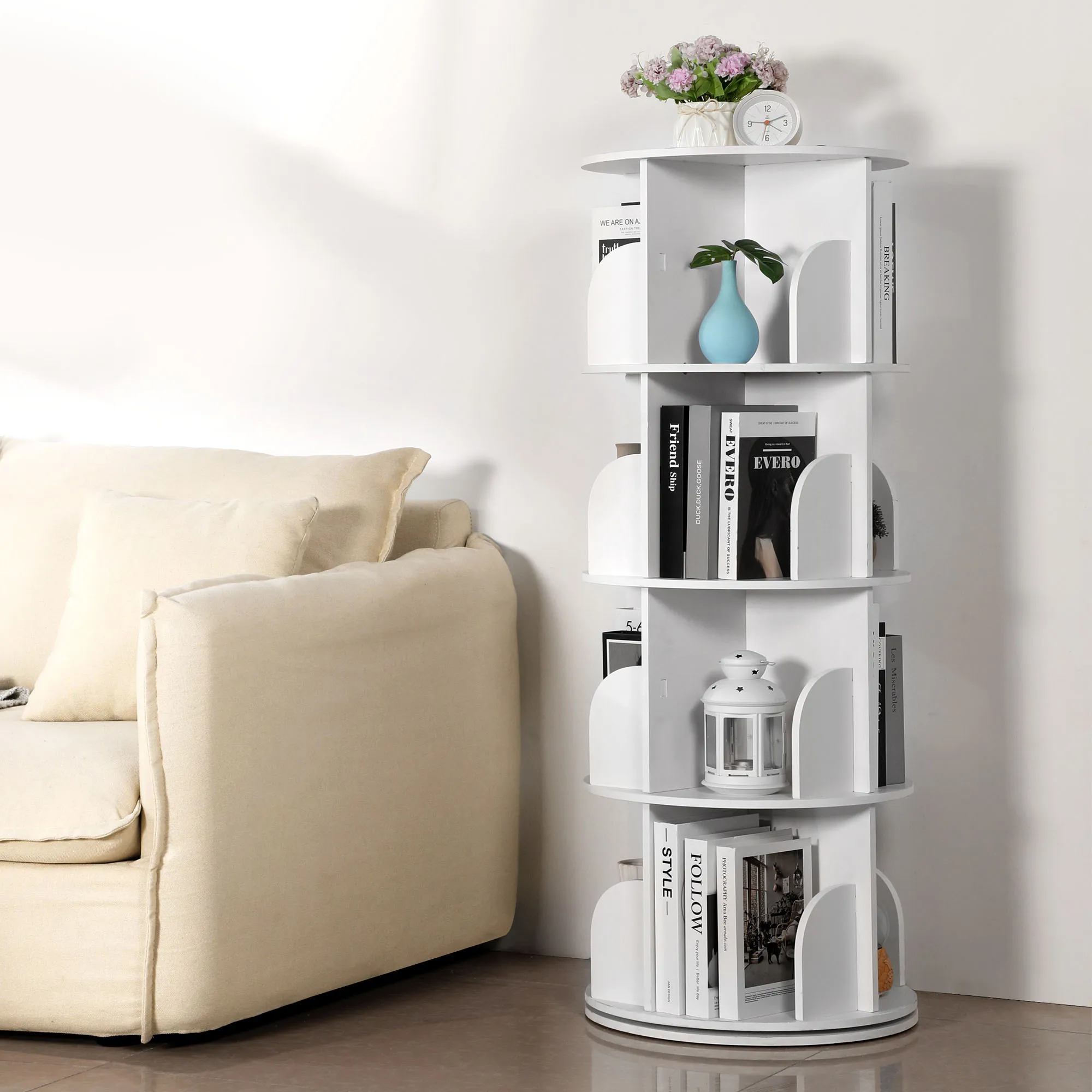 

Вращающаяся книжная полка Tower, 4-х ярусная вращающаяся на 360° угловая книжная полка для небольшого пространства, спальни, гостиной, вращающийся книжный шкаф из ПВХ