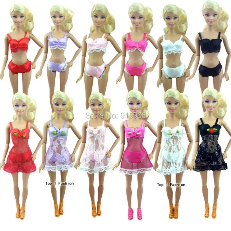 Free Shipping 6sets Lace Sexy Pajamas Set Lingerie Nightwear Lace Night Dress + Bra + Underwear Bikini for Barbie Doll Gift Set