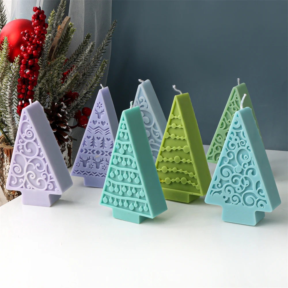 3D Geometric Christmas Tree Silicone Candle Mold DIY Relief Christmas Scene Column Aromatherapy Candle Plaster Mold Home Decor