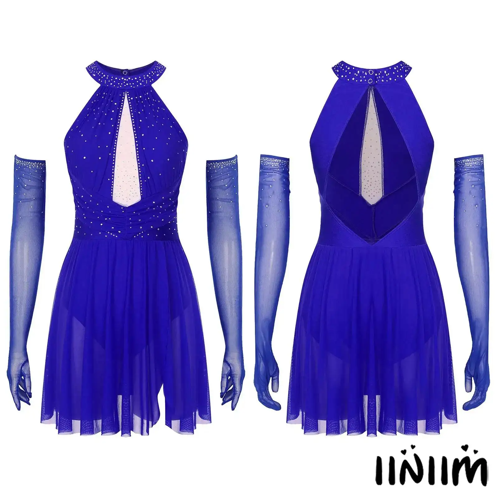 

Womens Figure Skating Dance Dress Outfit Hollow Out Backless Rhinestone Built-in Briefs with Full-finger Gloves Costume Parties