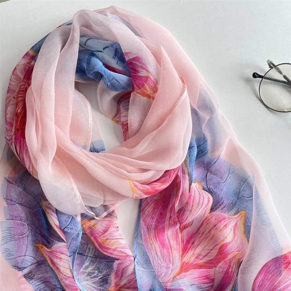 

New Floral Printing Silk Scarf Sun-Resistant Smooth Beach Shawl Breathable Long Wraps for Spring Summer