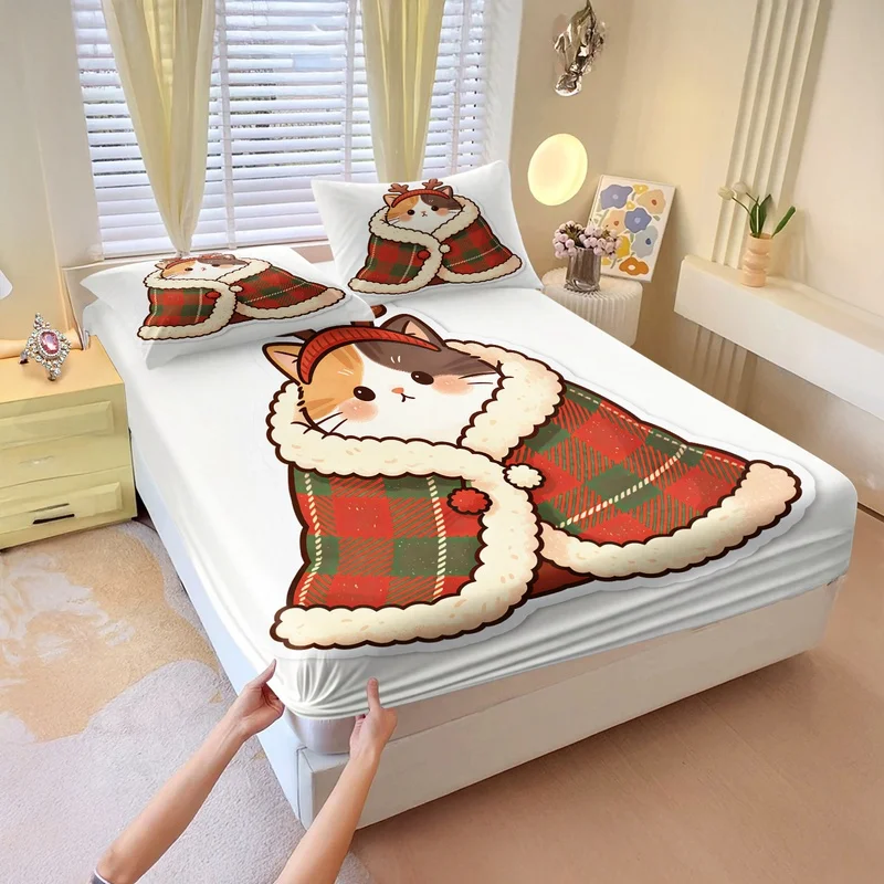 Kawaii Cat Print Fitted Sheet Set Cute Kitty Wrapped In Blanket Bed Sheet Set Elastic Deep Pocket Bed Linen Decor Gift Christmas