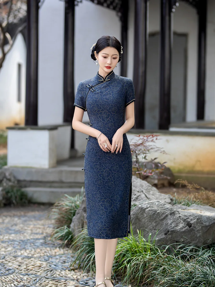 Navy Blue Classic Elegant Chinese Style Women Flower Cheongsam Summer Slim Short Sleeve Qipao Girls Daily Dress