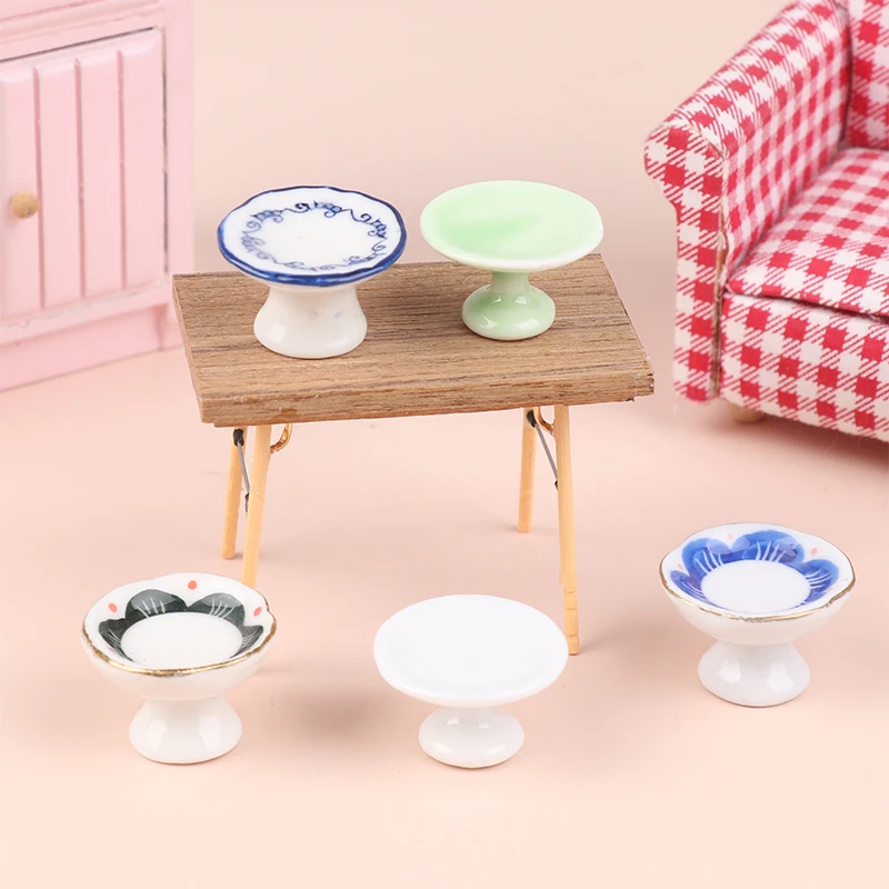 1:12 Dollhouse Miniature Ceramic Fruit Dish Plate Tall Tray Cake Plate Tableware Kitchen Model Decor Toy Doll House Accessories