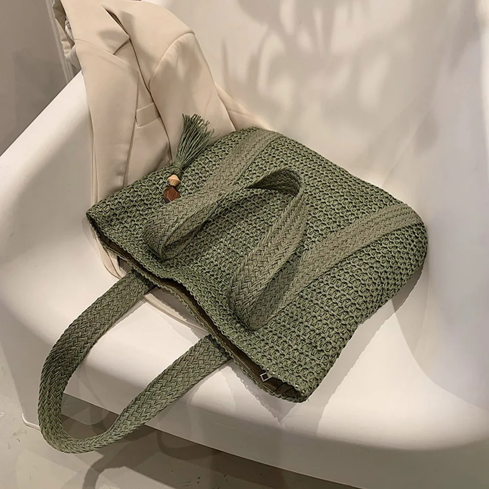 

Hand-Woven Handbags Summer Ladies Woven Bag Fashion Handmade Simple Large Capacity with Tassel Pendant Shopping Handbag Tote