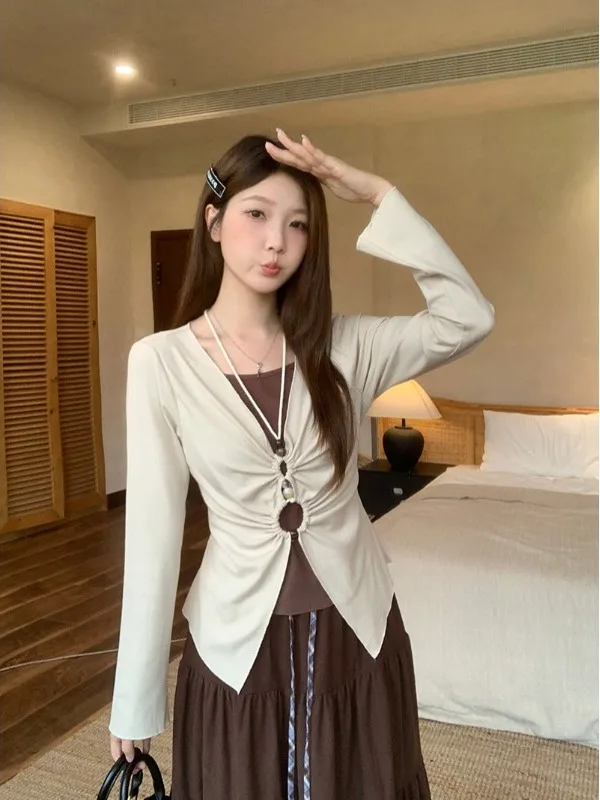 

plus Size Women's Ele Long Sve irt Slim Fit High Waist Asymmetrical Top Trendy Commute Sle Korean Version Pure Color