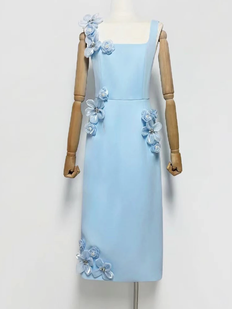 2025 summer women's new square collar three-dimensional beaded flower dinner suspender dress temperament swing A-line dress