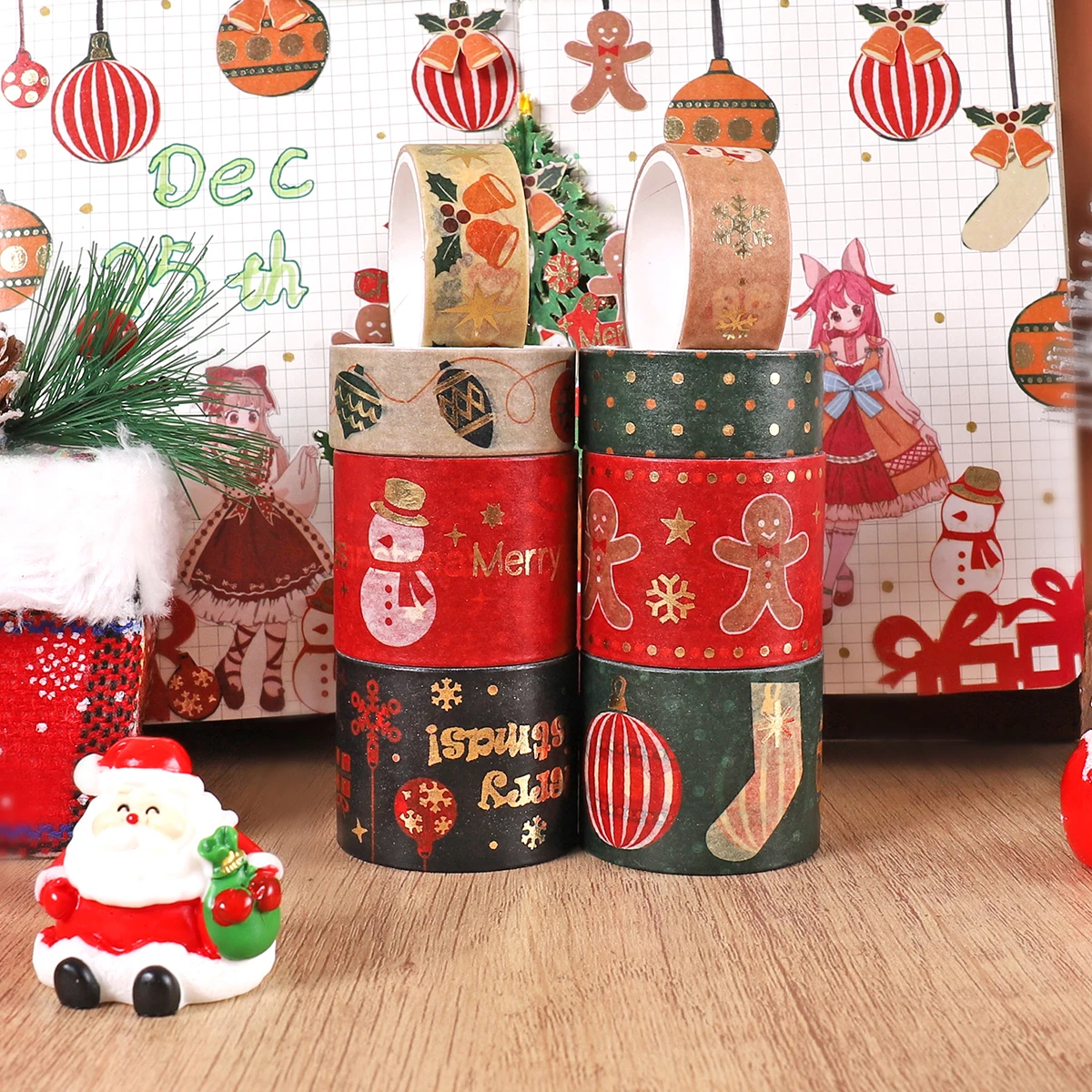 8 لفات/صندوق من شريط واشي منقوش لعيد الميلاد، مناسب لمواد تزيين حدود الألبوم بنفسك، مع عملية الختم الساخن.