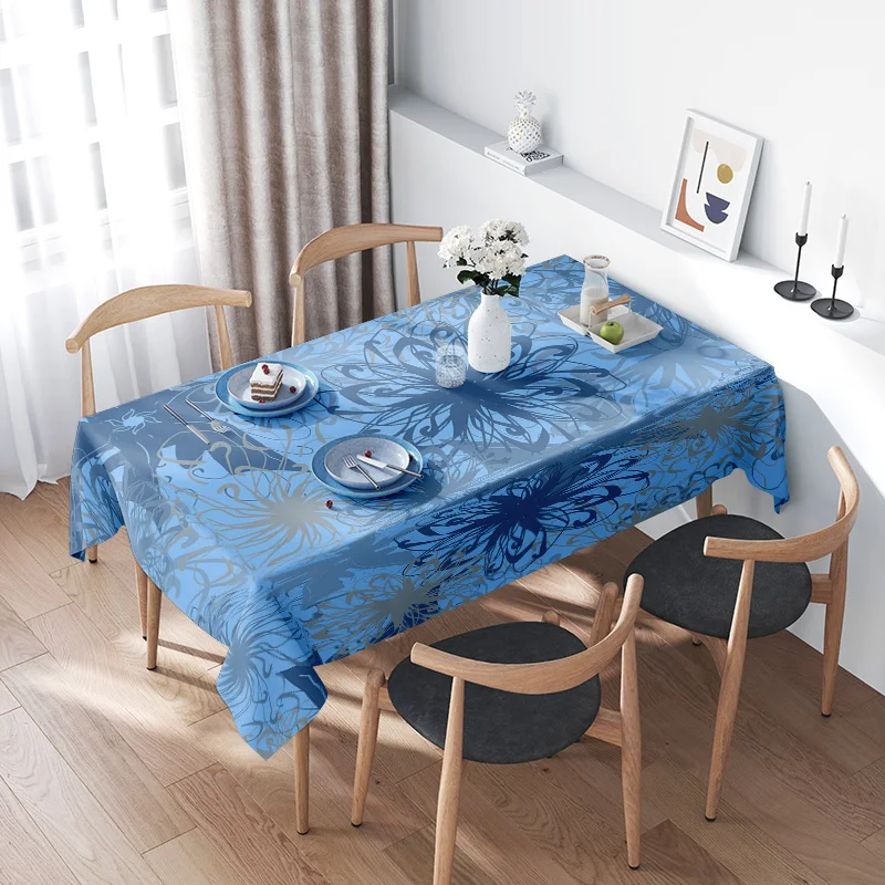Decorative Tablecloth Floral Pattern Plastic Resin Waterproof Rectangular Dining Room Home Decoration Supplies Blue 180x90cm