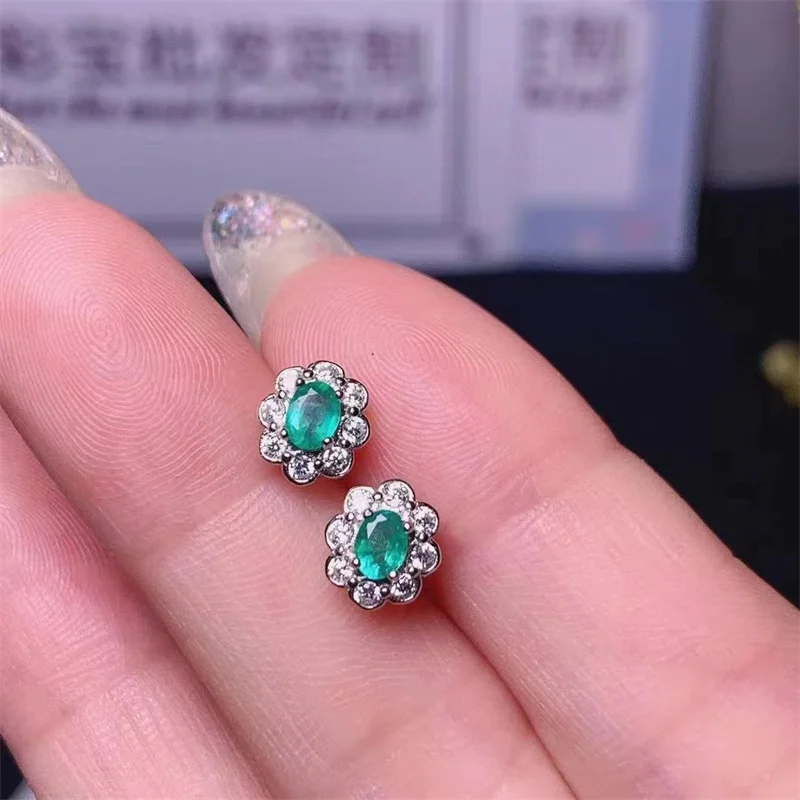 

925 Silver Natural Emerald Stud Earrings for Women with Certificate