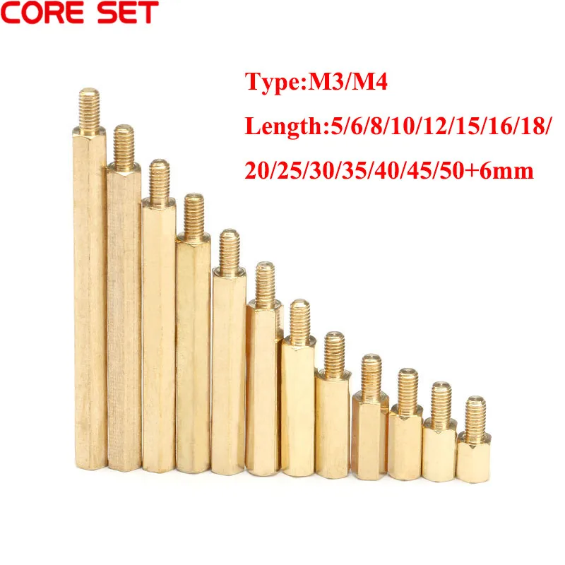 10pcs M3 M4 Hex Brass Standoff Spacer Male 6mm x Female 5-50 mm M3+6 Copper Hexagonal Stud Spacer Hollow Pillars M4*(5-50)+6mm