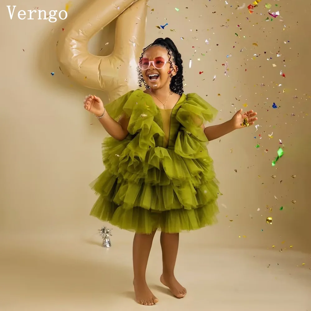 Verngo Green Tulle Bow Girl Flowers Dress Strapless Tiered Birthday Party Gown Mini Wedding Dress Kid Ball GownVestidos de Noiva