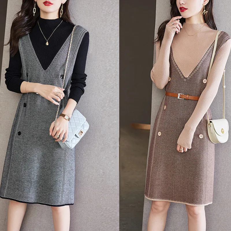 Gaun rajut wanita Retro elegan perca, gaun Sweater wanita panjang selutut, gaun kerah setengah tinggi mode baru 2023, gaun rajut Retro elegan