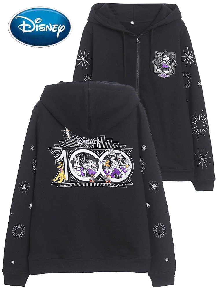 

Disney Sweatshirt 100th Anniversary Castle Mickey Mouse Embroidery Cartoon Print Women Zip Up Hooded Jacket Jumper Oversize Tops