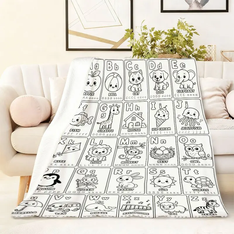 Black‑White Kids Alphabet Learning Chart Graphic Throw Blanket Soft Flannel for Travel Camping Nice Picnic Home Decor Gift