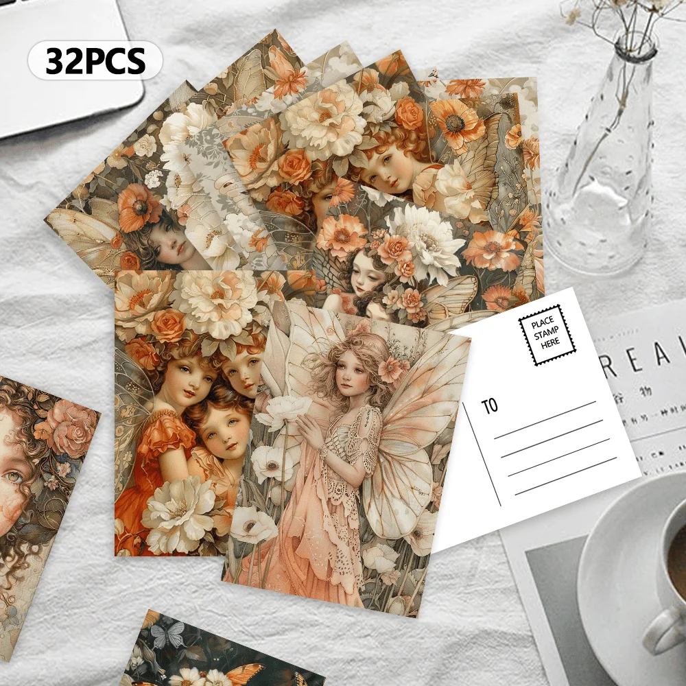 32pcs, forest-themed fairy tale collage, postcards, decoration/greeting cards/postcards, high-resolution printing, collectible