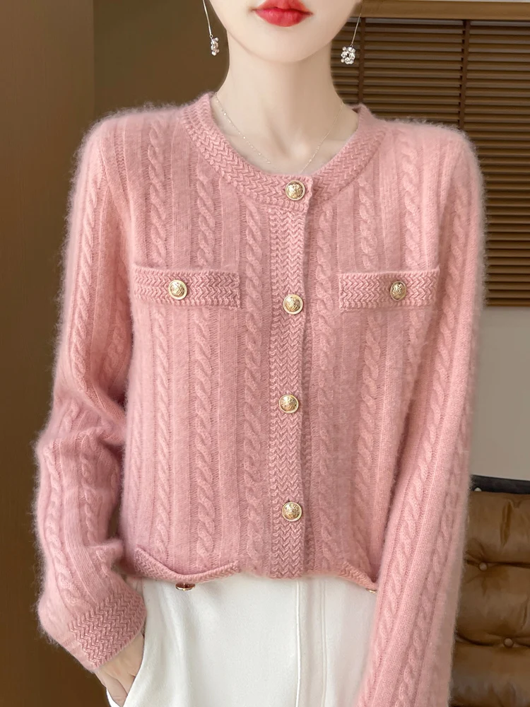 TLOML Damski Kardigan z Dzianiny w Warkocze Zapinany na Guziki Jesienno-Zimowy Gruby Sweter z Długim Rękawem z Kaszmiru 100% Wełna Merino Odzież Dzianinowa Damskie Bluzki