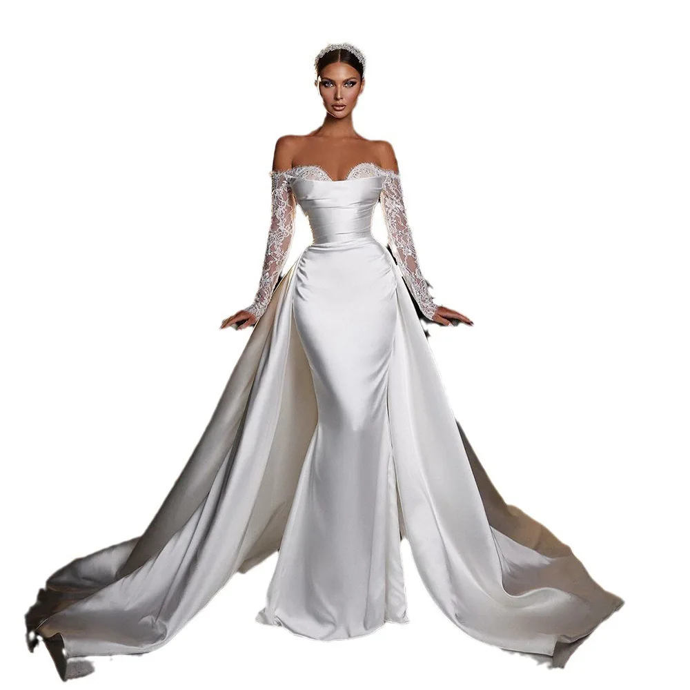 Satin off-the-shoulder wedding dress Amazon Europe and America sexy fashion trailing white wedding dress 2024 summer new dress