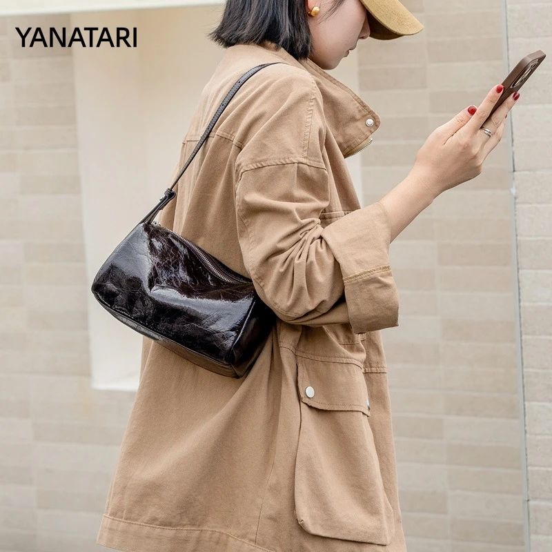 YANATARI Genuine Leather Bag Woman 2026 Luxury Vintage Long Shoulder Bag Handbags Top Grain Leather Underarm Bag pillow bag