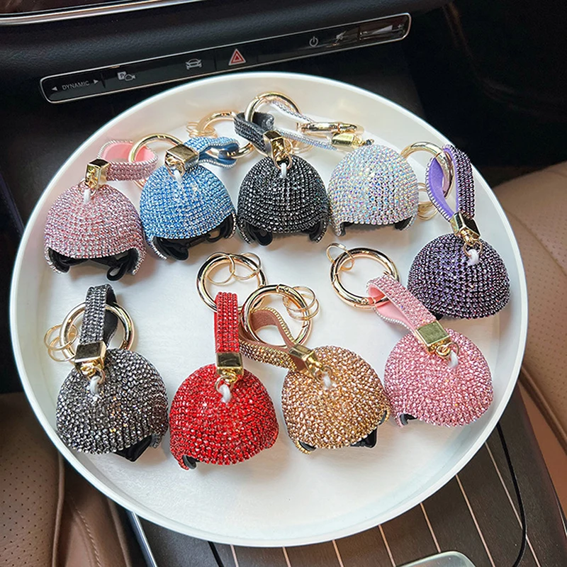 Exquisite Full Diamond Keychain Colorful Motorcycle Helmet Pendant DIY Doll Hard Hat Car Key Pendant Wallet Accessories