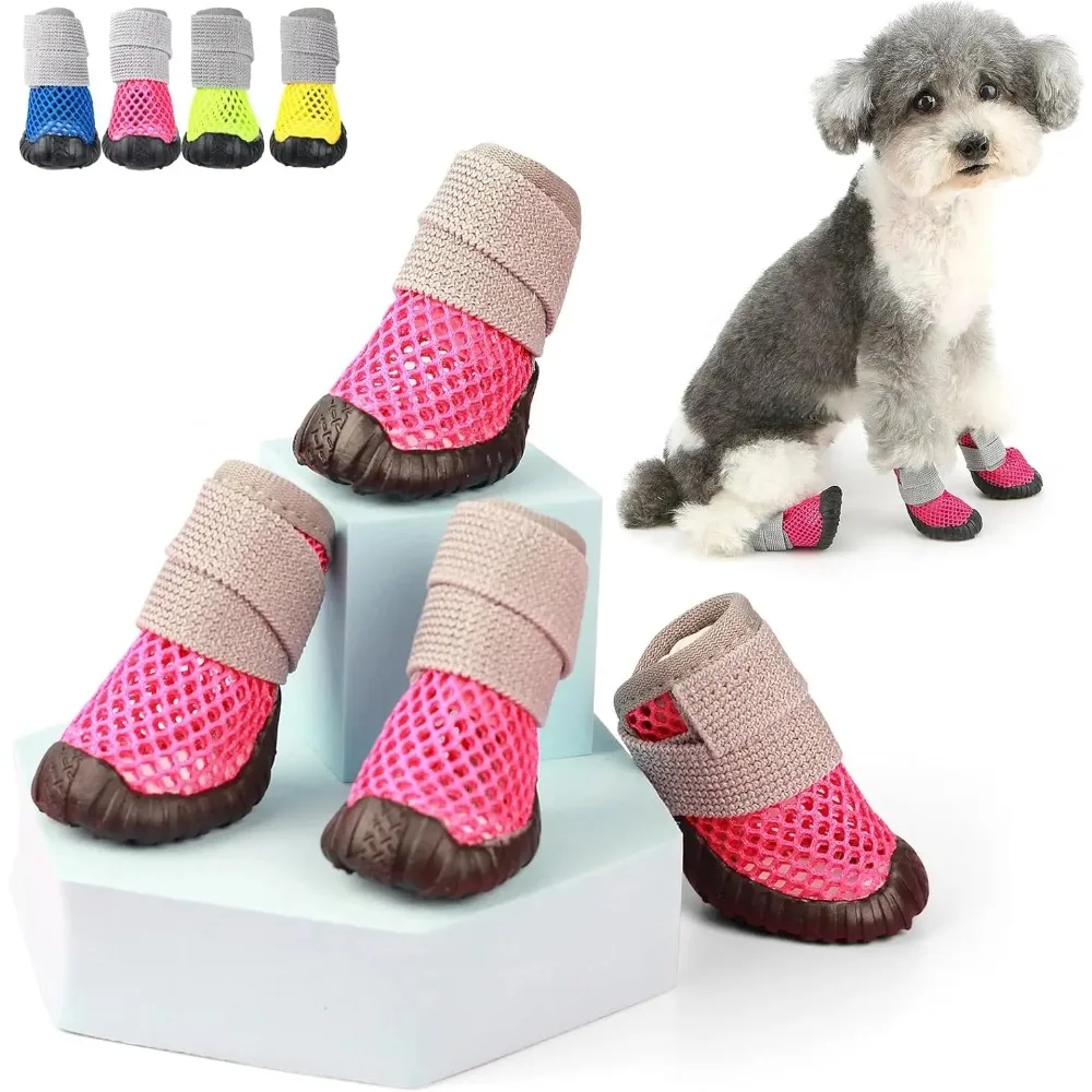 Atmungsaktive Netz-Hundeschuhe für kleine Hunde, rutschfeste Gummisohle, verstellbare Pfotenschützer für heißen Asphalt, Wander- und Laufstiefel für den Sommer