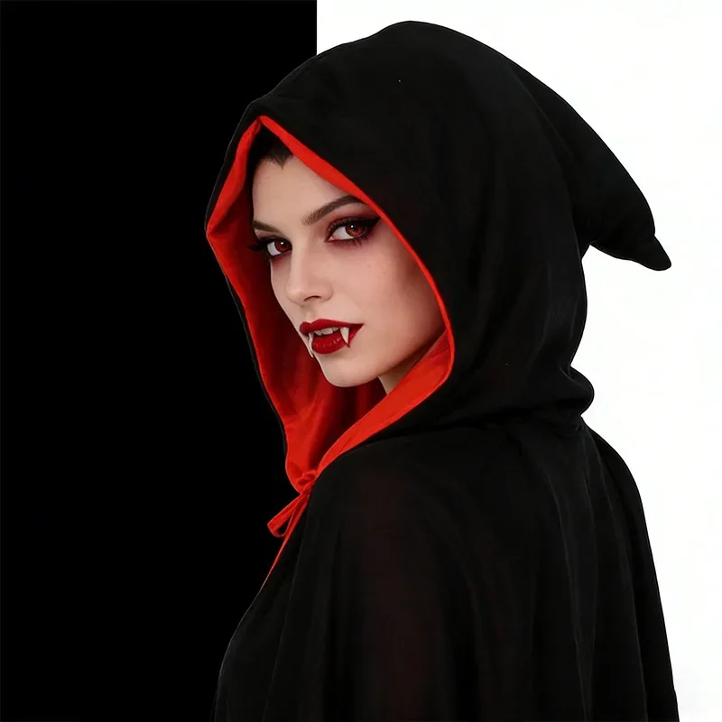 Halloween Reversible Hooded Cloak Unisex Halloween Cosplay Party Costume Black Red Cape Robe Vampire Cloak for Men and Women